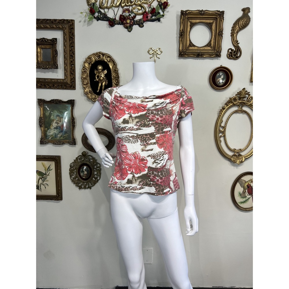 St John Sport Floral Leopard Print Cowl Neck Top Petite P